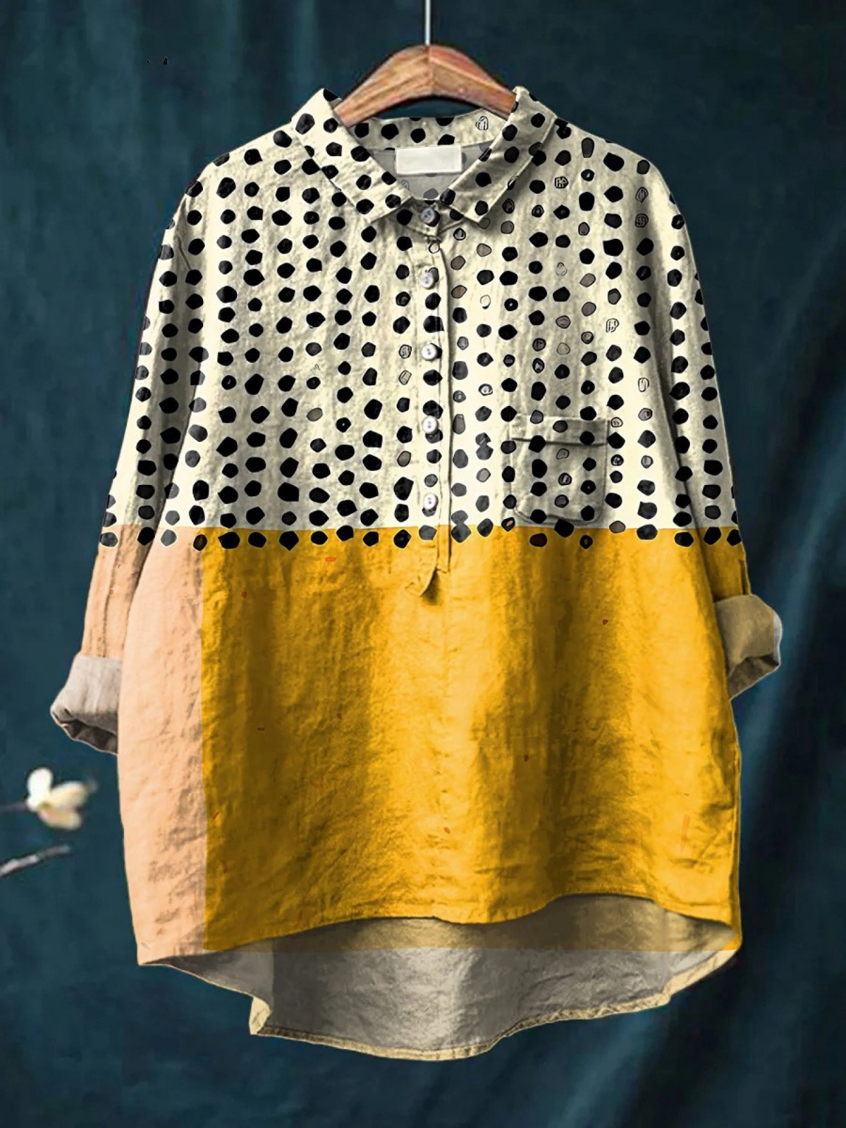 Alessia | Women's Yellow Color-blocked Dots Print Casual Shirt