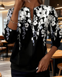 Printed Sweatshirt with Half Zipper and Collar